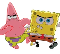 SpongeBob and Patrick in a playful, determined stance.