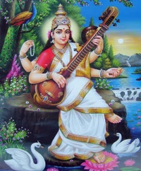 Göttin Saraswati spielt Veena inmitten der Schönheit der Natur