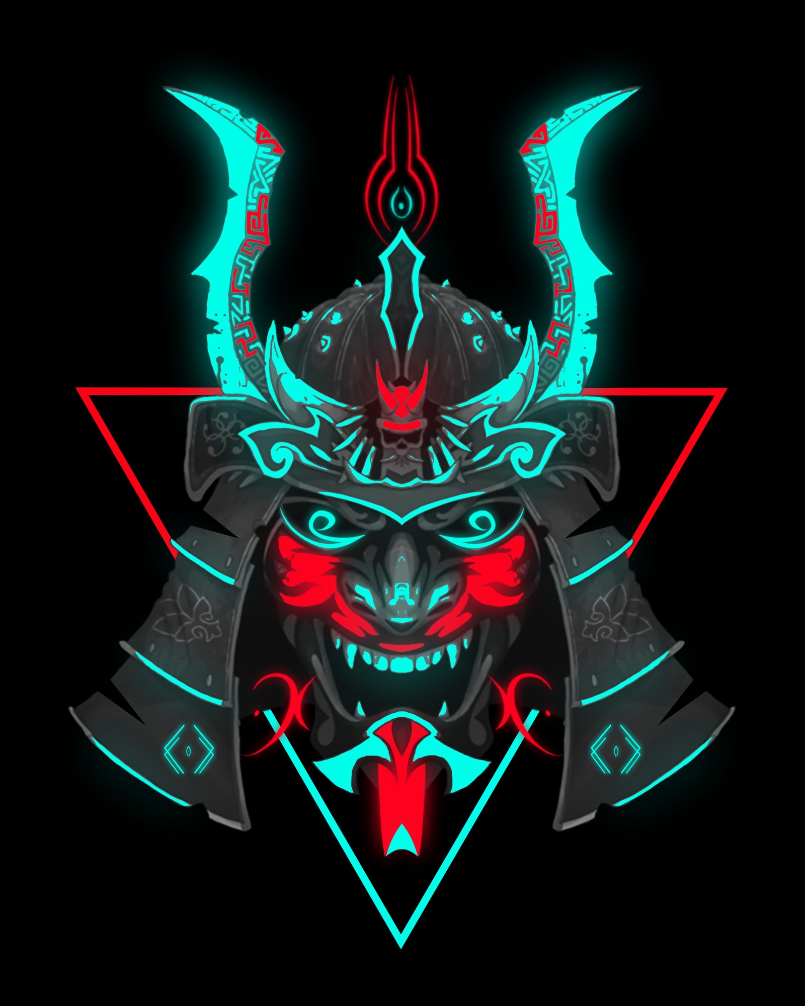 A close up of a demon with a helmet and two swords (anime, japanese, neon, ninja, oni)