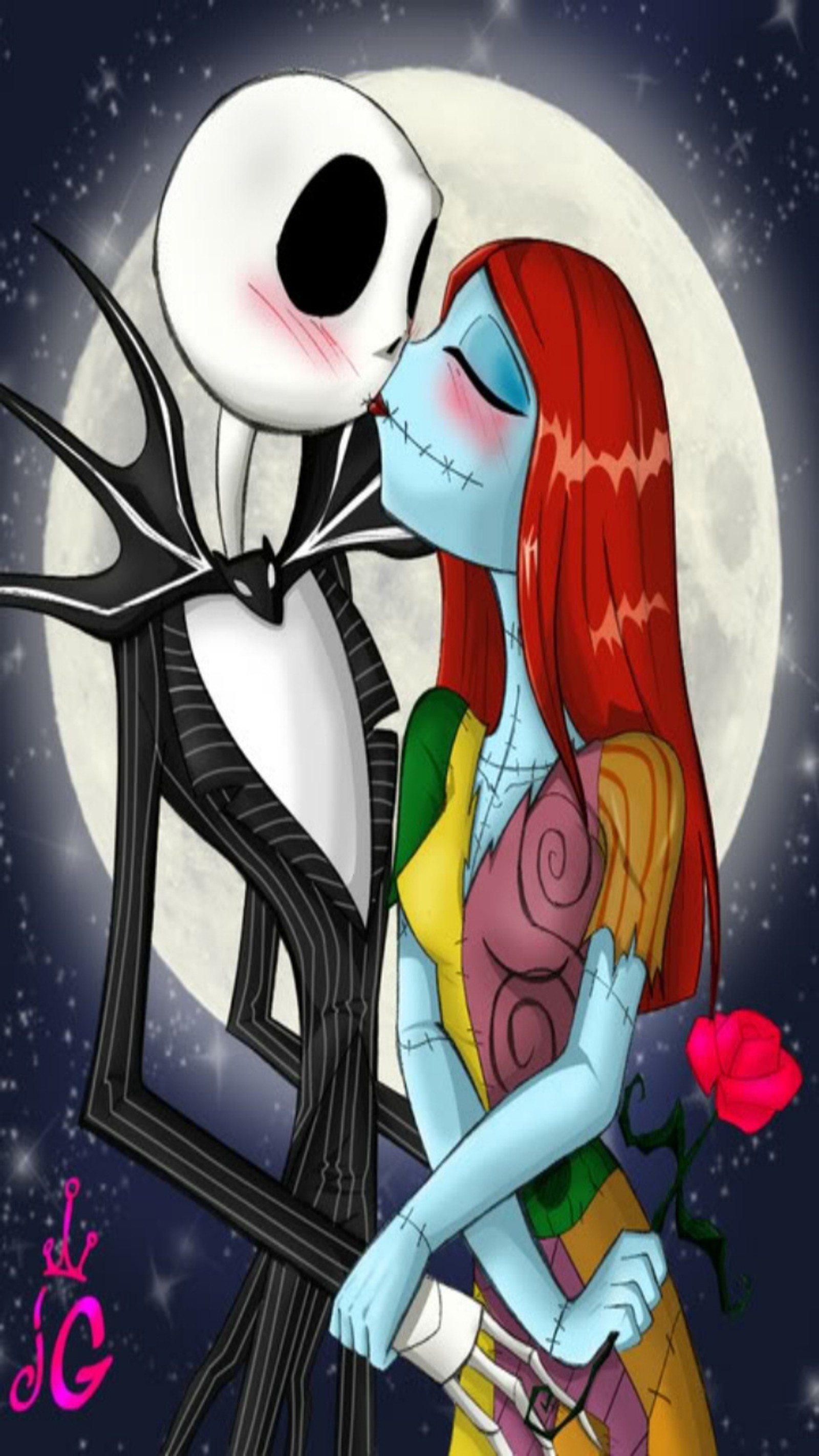 Une image de dessin animé d'un couple s'embrassant sous la pleine lune (jack skellington, baiser, amour, thème)