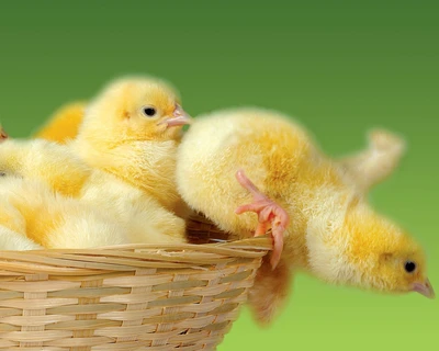 Playful Yellow Chicks in a Basket