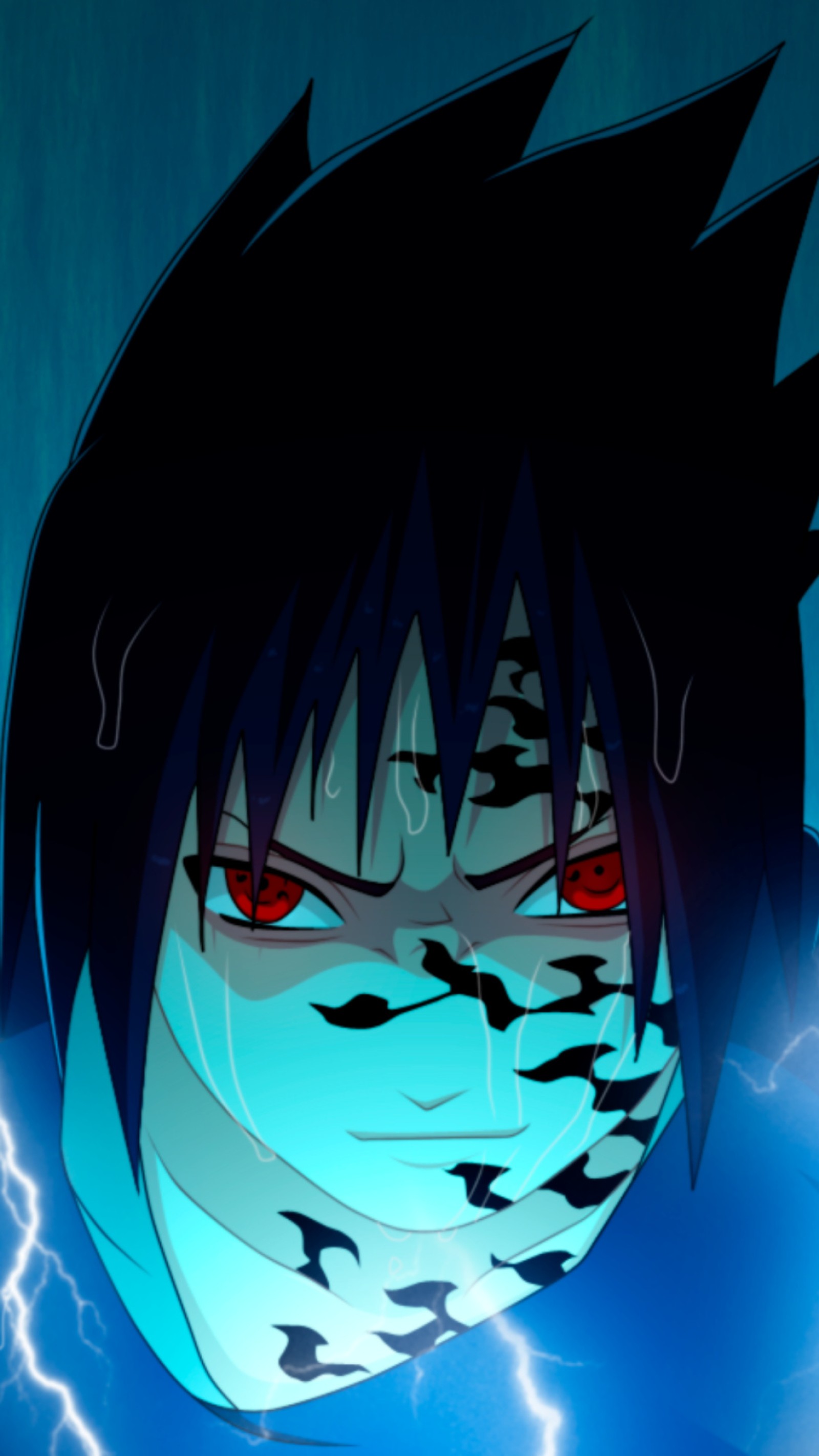 Personnage anime avec des yeux rouges et des cheveux noirs devant un fond bleu (sasuke, uchiha, naruto, anime)