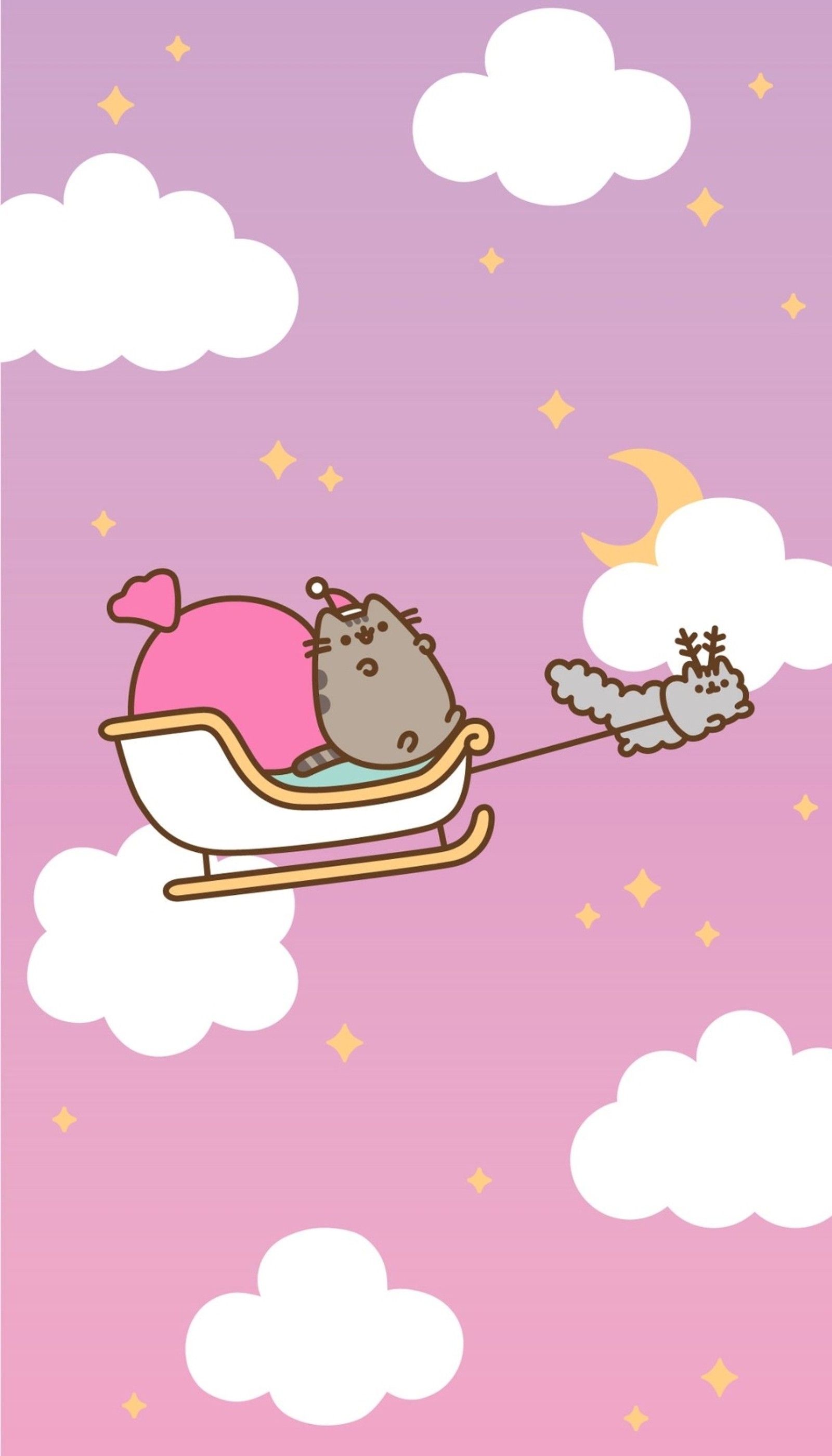 Um close de um gato em um trenó voando pelo céu (pusheen, natal, rosa, bonito, gatos)