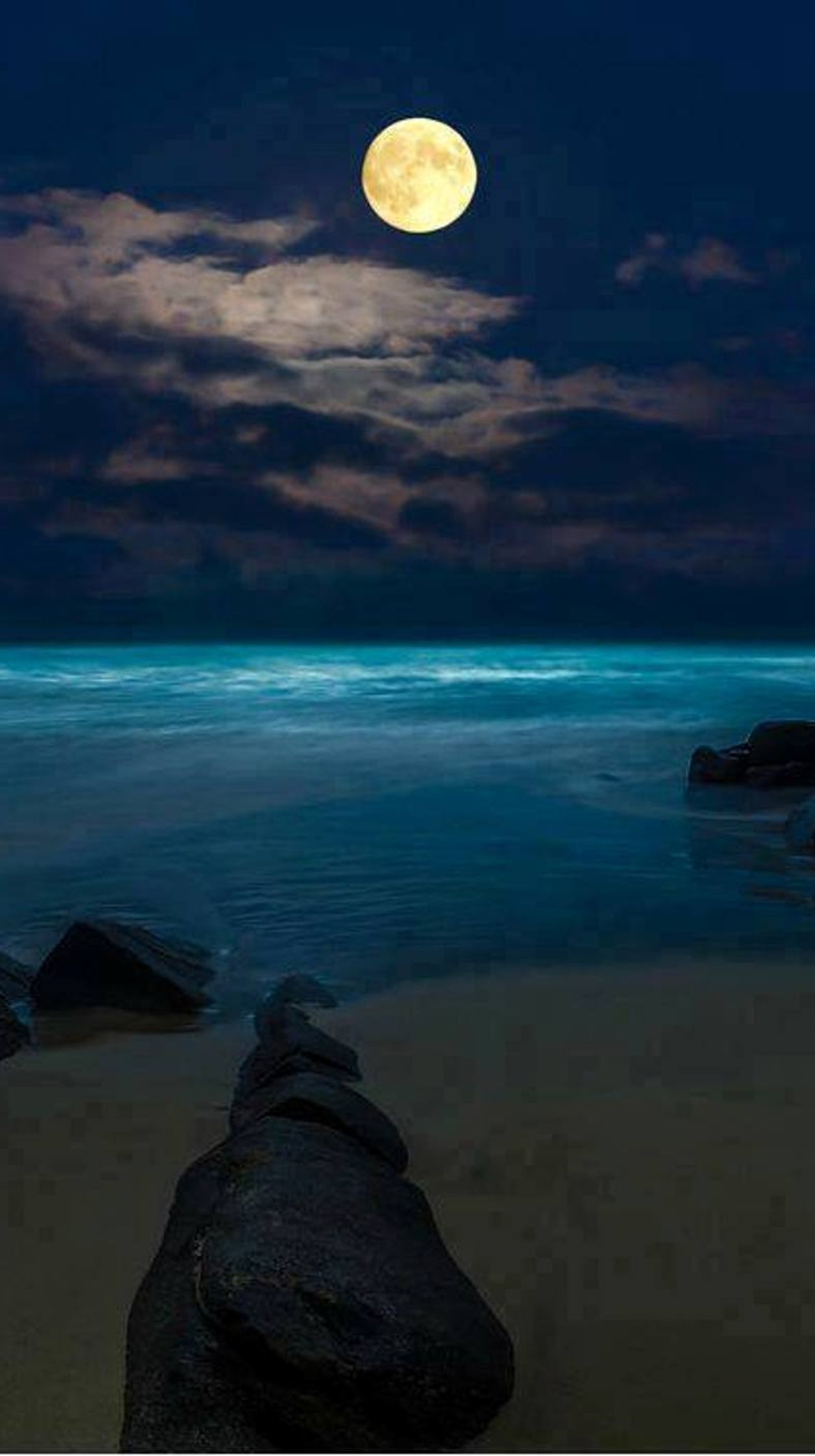 Una hermosa vista de la luna llena sobre el océano con rocas (playa, luna, naturaleza, noche)