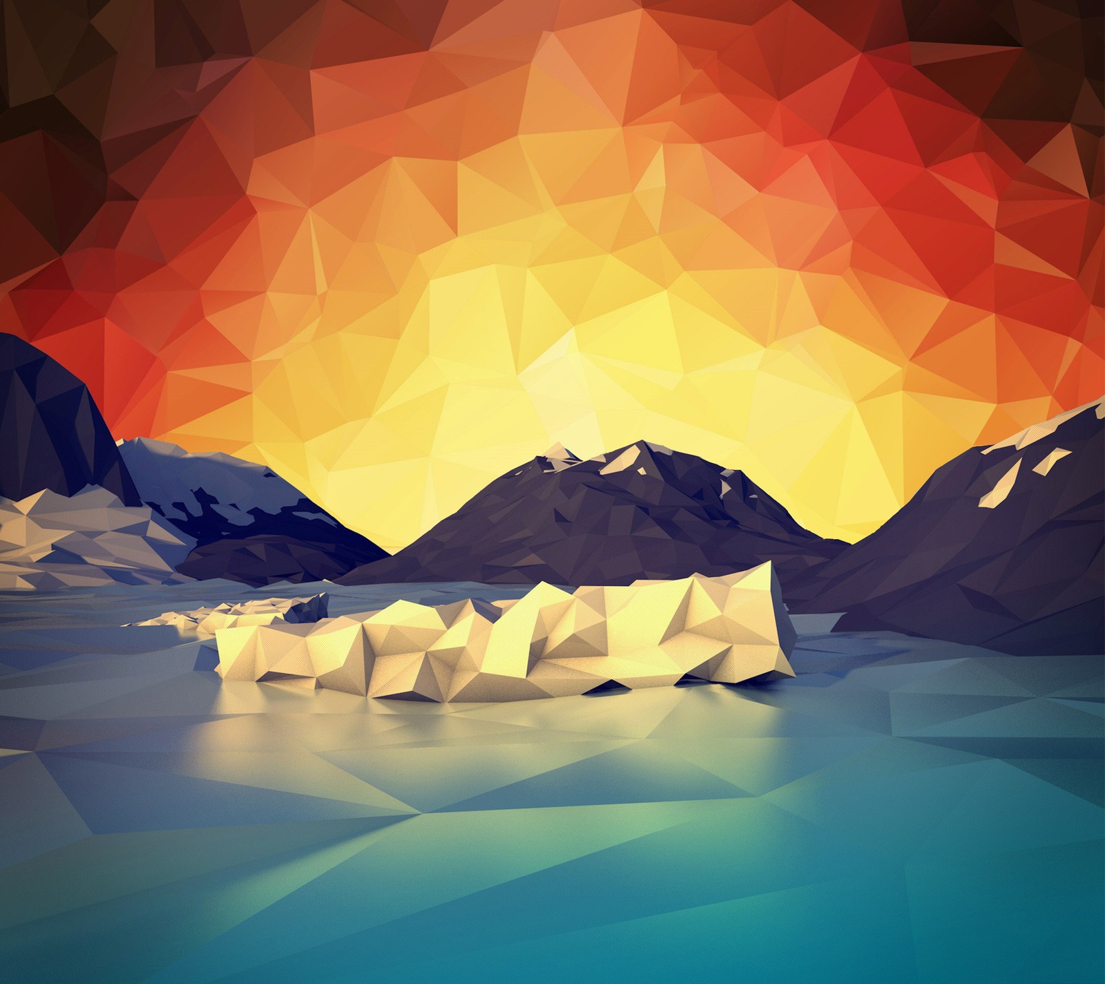 A low polygonal illustration of a mountain range with a lake and icebergs (abstract, fantasy, hd, wall)