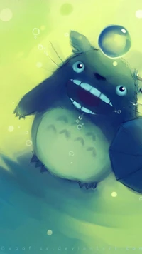 Totoro joyeux sous l'eau avec une bulle