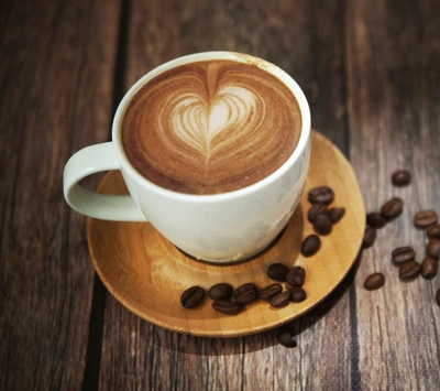 Art latte en forme de cœur avec des grains de café sur une table en bois