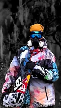 Snowboarder estiloso com equipamento vibrante