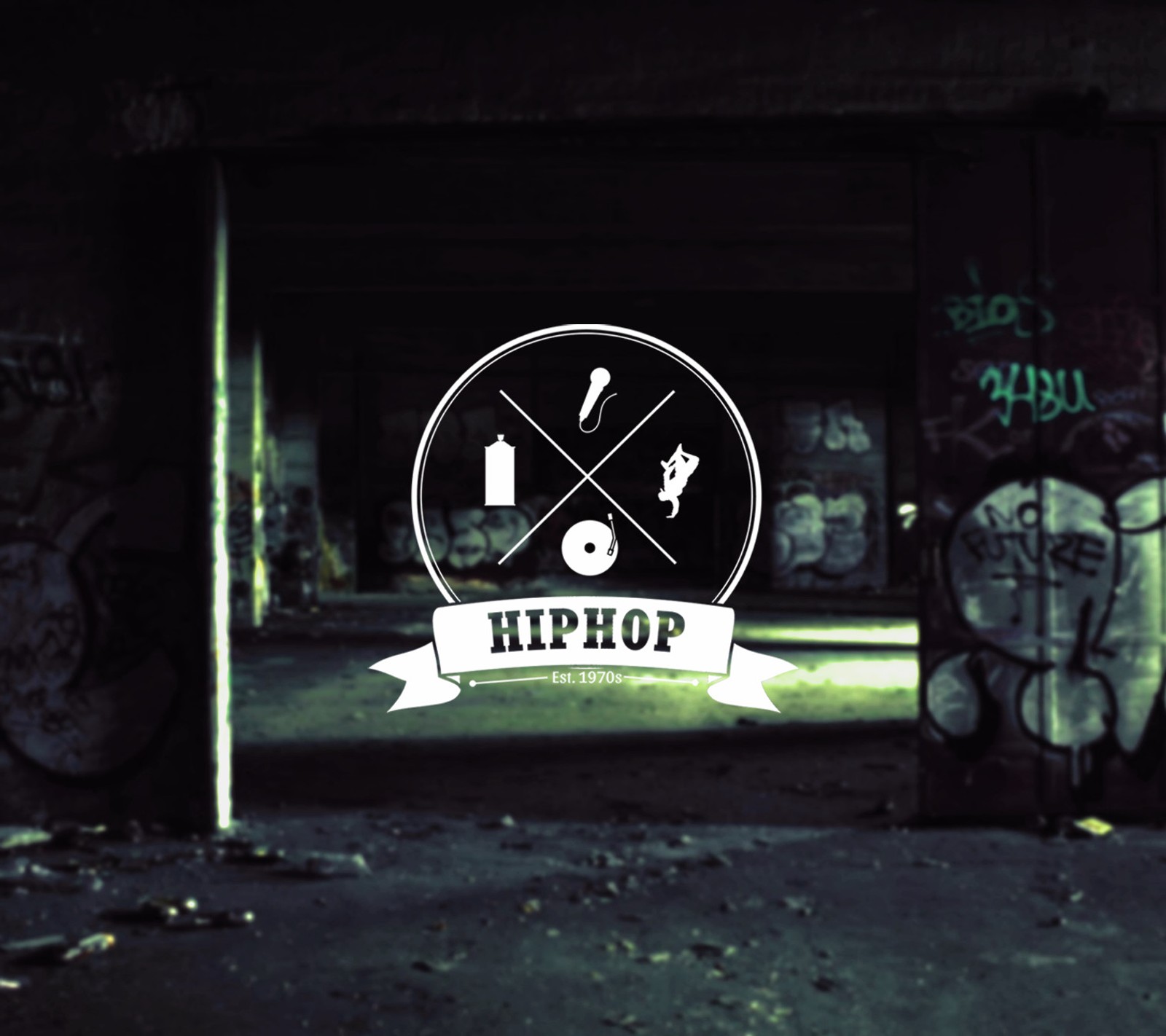 Arafed image of a dark room with graffiti and a sign (art, culture, design, hiphop, hipster)