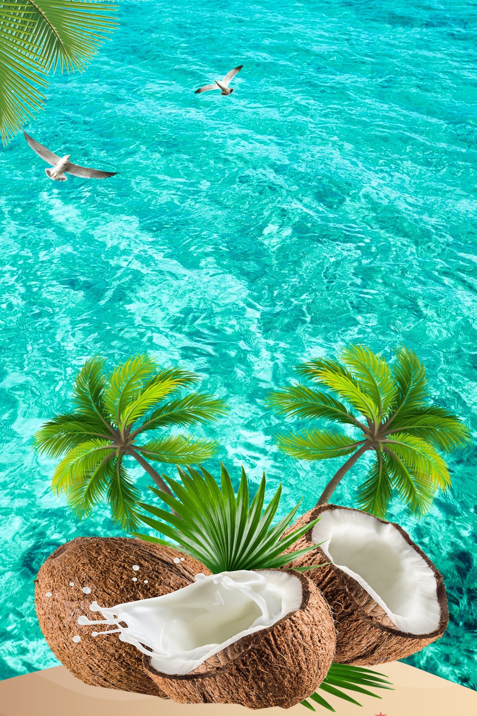 Cocotiers et noix de coco sur une plage avec un océan bleu (plage, oiseau, noix de coco, océan, palmier)