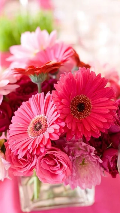 Vibrant Pink and Red Floral Arrangement with Roses and Gerbera Daisies