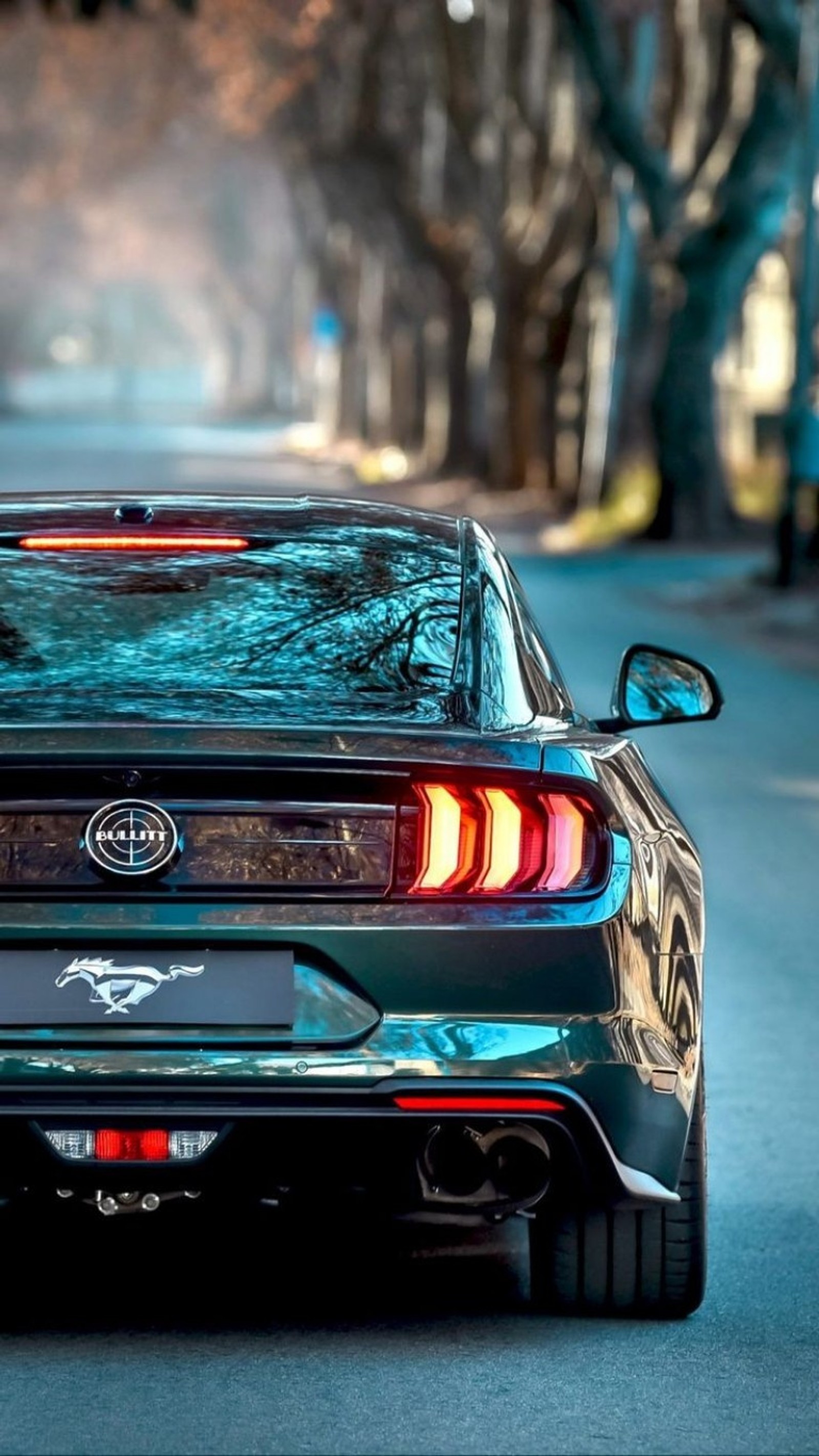 A close up of a car driving down a street with trees in the background (blue, car, ford, forza, golf)