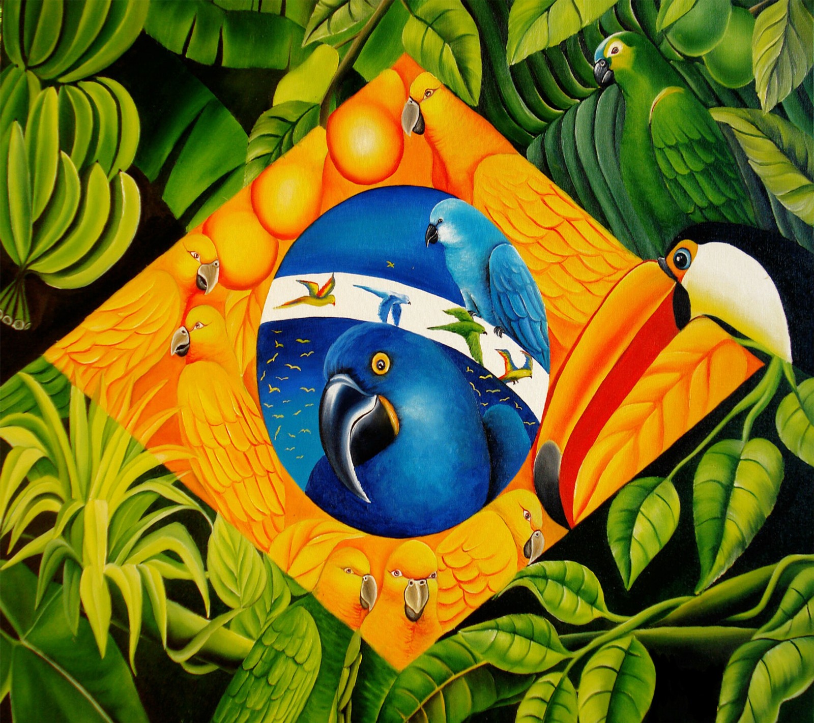 Una pintura de un pájaro azul con un marco amarillo rodeado de hojas verdes (brasil, taza, htc, lg, samsung)