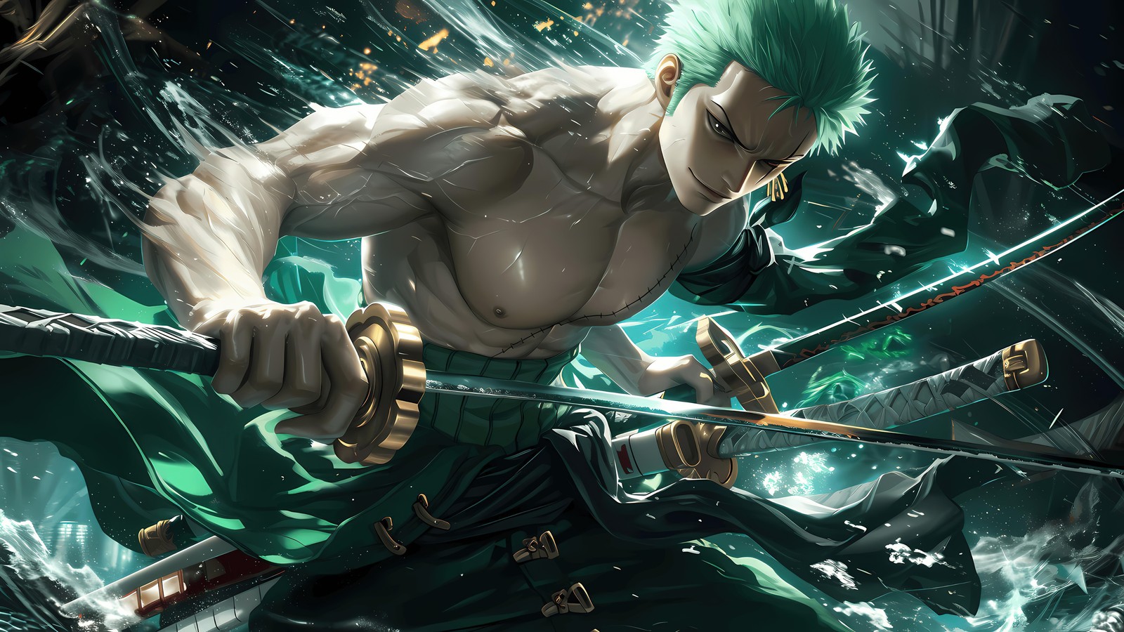 A man with green hair holding two swords in front of a boat (roronoa zoro, sword, 5k, one piece, green)