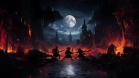 Samurai Silhouettes in a Fiery Night Battle Under the Moon