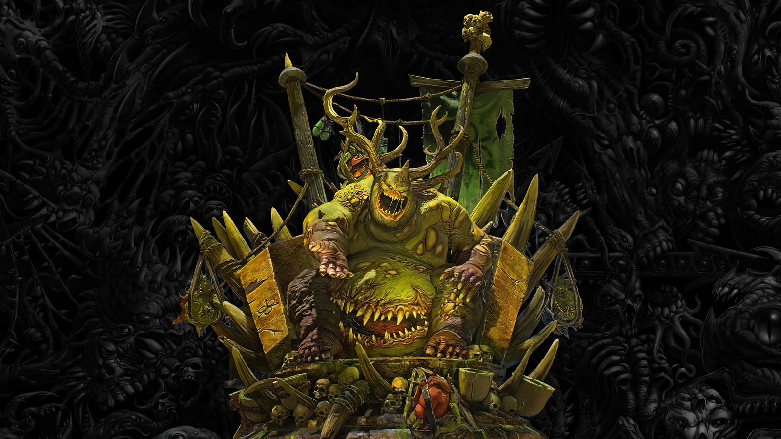 Arafed image of a statue of a giant green monster sitting on a throne (total warhammer iii, video game, total warhammer 3, nurgle)