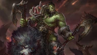 Épico guerreiro orc com feroz companheiro lobo em uma paisagem de fantasia