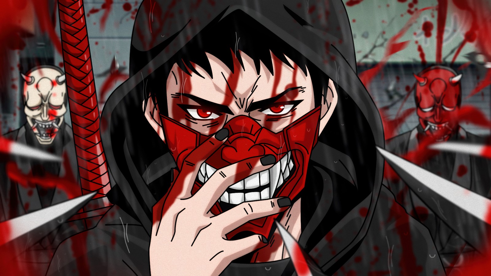 A cartoon of a man with a hoodie and a demon face (ninja, mask, ninja kamui, 5k, anime)