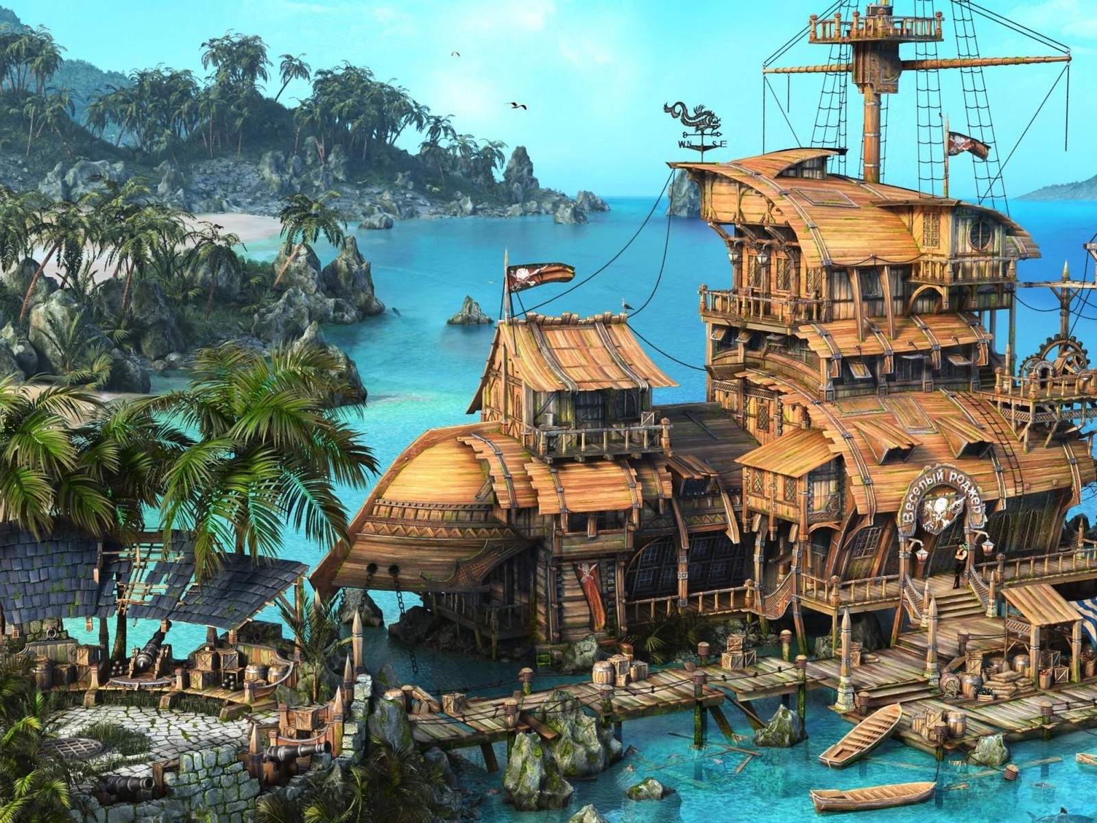 A large wooden pirate ship sitting on top of a body of water (piracy, water park, amusement park, vacation, ship)