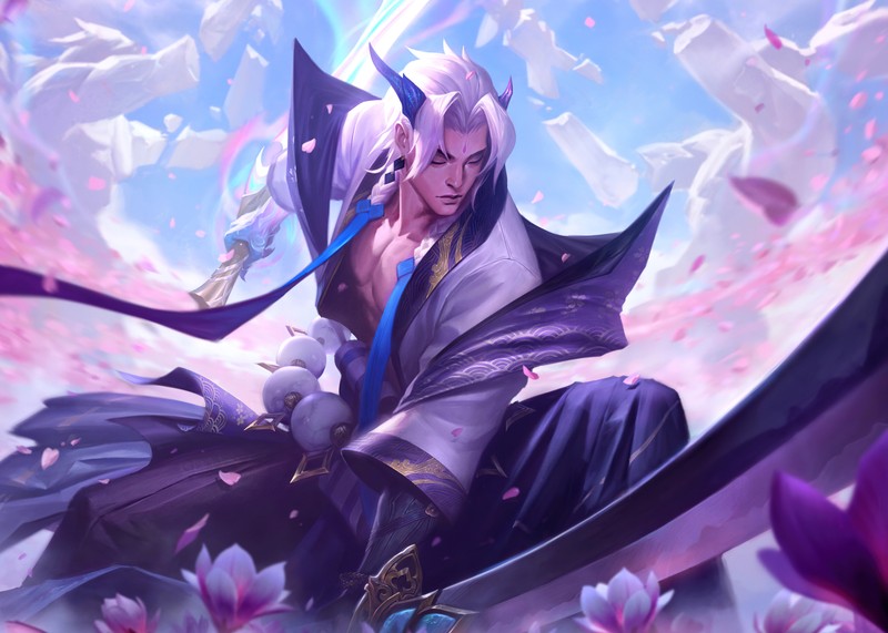 Крупный план человека, держащего меч на поле цветов (spirit blossom yone, league of legends, игры, обои 4k)