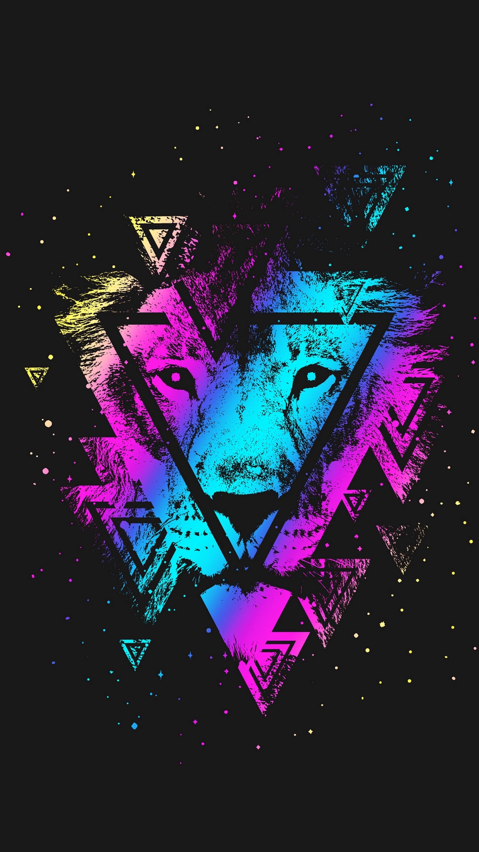 Un gros plan d'un lion coloré sur un fond noir (le lion, coloré, violet, art, magenta)