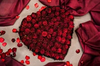 Arrangement en forme de cœur de roses rouges entourées de pétales pour la Saint-Valentin