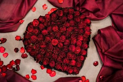 Herzförmige Anordnung von roten Rosen, umgeben von Blütenblättern für den Valentinstag