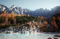 sorapiss, mountains, dolomites, rocks, trees wallpaper