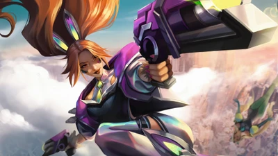 Miss Fortune dans le skin Lapin de Combat, mettant en valeur des couleurs vives et une action dynamique dans un cadre de League of Legends.