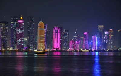 Vibrant Night Skyline of a Metropolis with Illuminated Skyscrapers and Reflections on Water