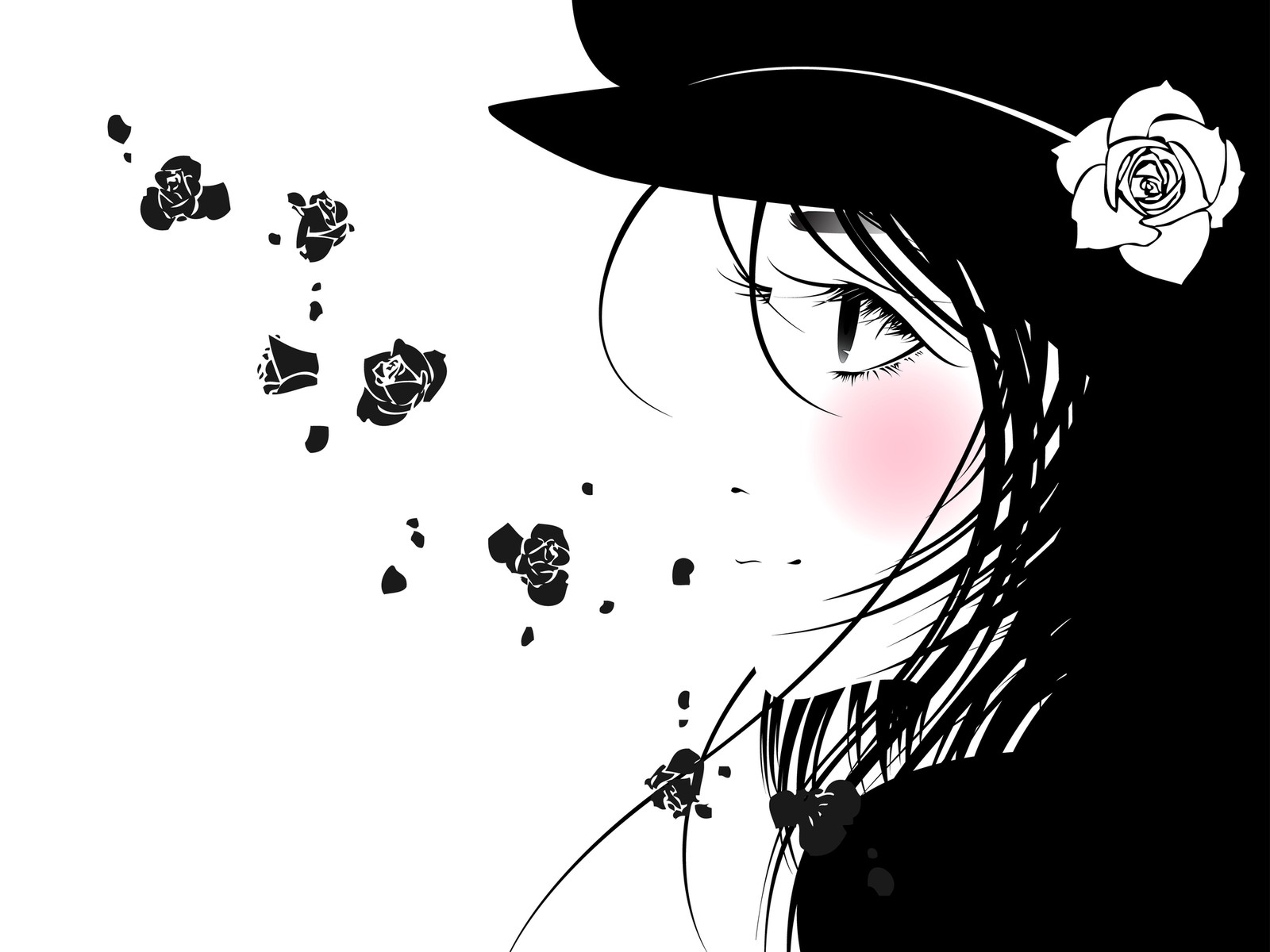 Chica anime con un sombrero y una flor en el cabello (anime, ilustración, diseño gráfico, monocromo, caricatura)