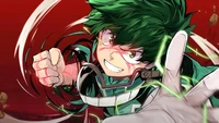 Izuku Midoriya liberando seu Quirk em uma pose de ação dinâmica.