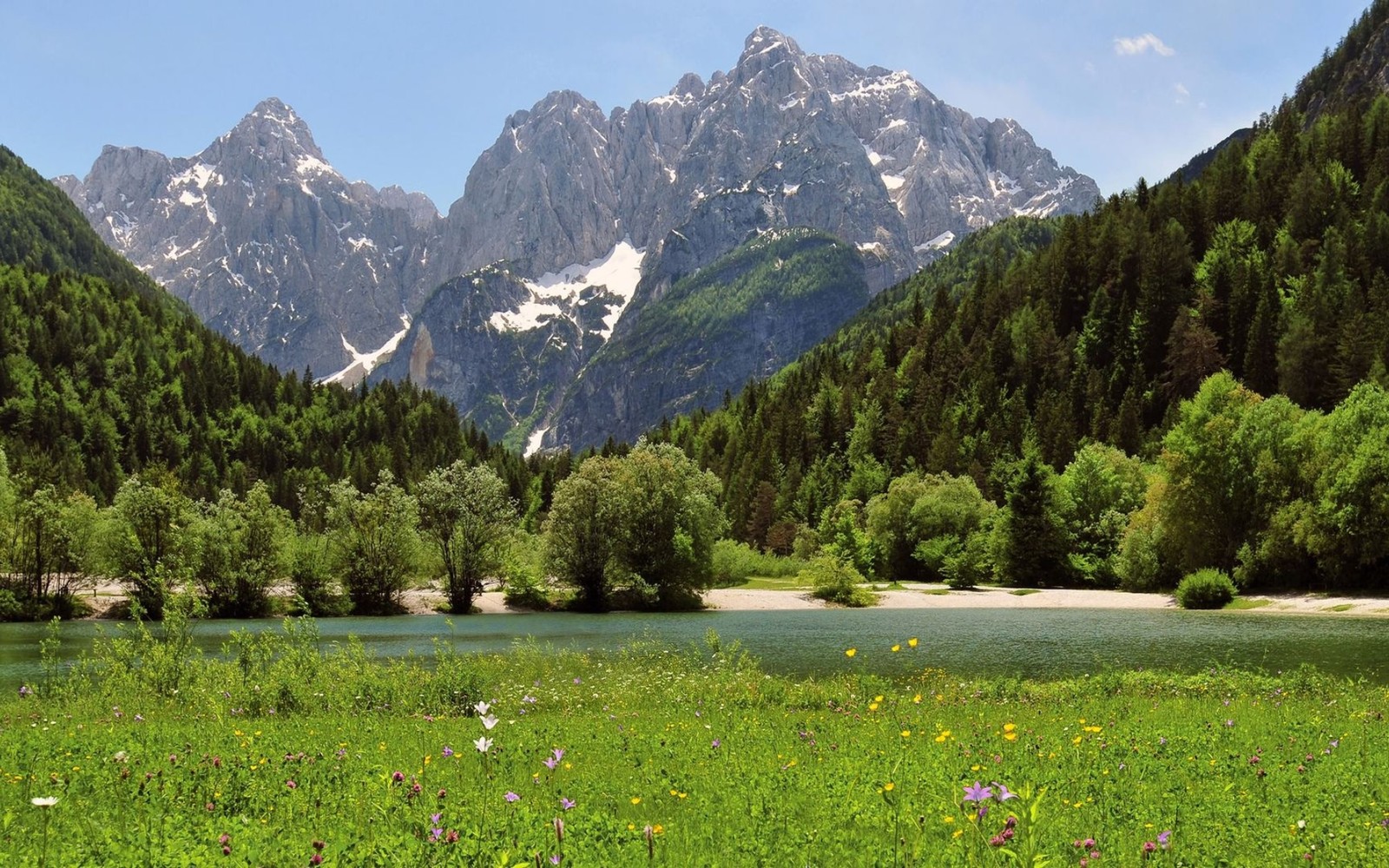 Mountains and a lake surrounded by green grass and trees (hiking, mountain, water, plant, ecoregion)