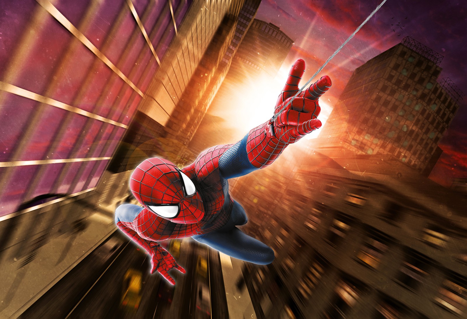 Spider-man volant à travers la ville avec une ville en arrière-plan (spider man, 8k, super héros marvel, marvel superheroes, 5k)