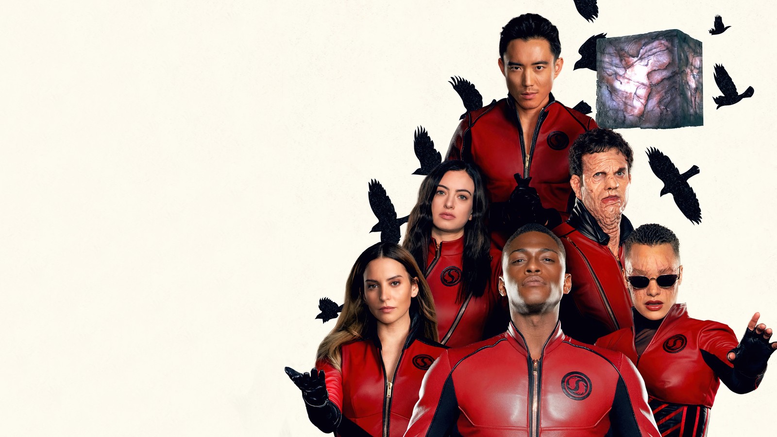 Un groupe de personnes en cuir rouge se tenant devant un fond blanc (the sparrow academy, the umbrella academy, netflix, série télévisée, saison 3)