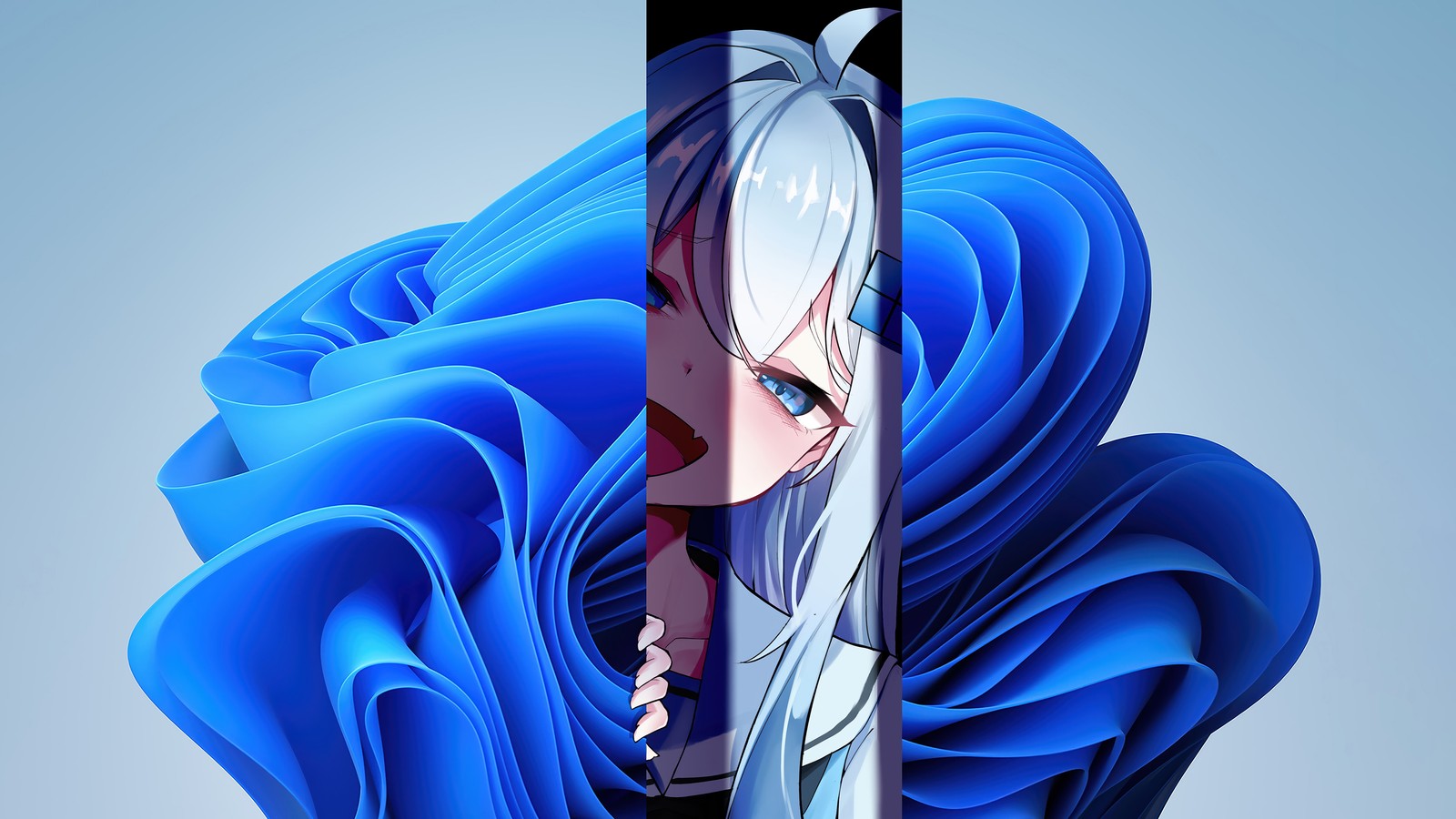 Uma garota de anime com cabelo azul e vestido azul segurando uma espada (meninas de anime, windows 11)