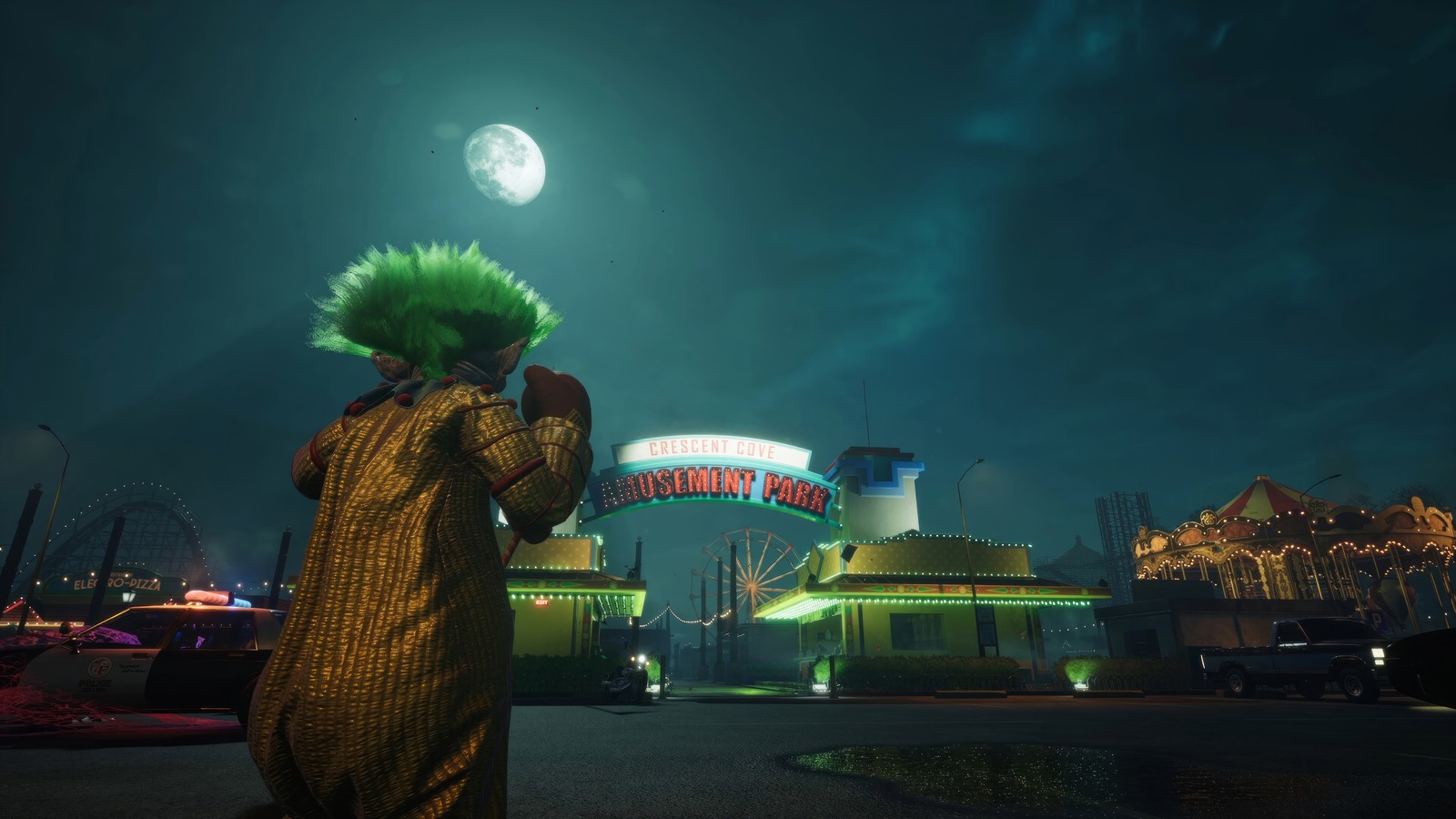 A man with green hair standing in front of a building (killer klowns from outer space the game, video game, clown)