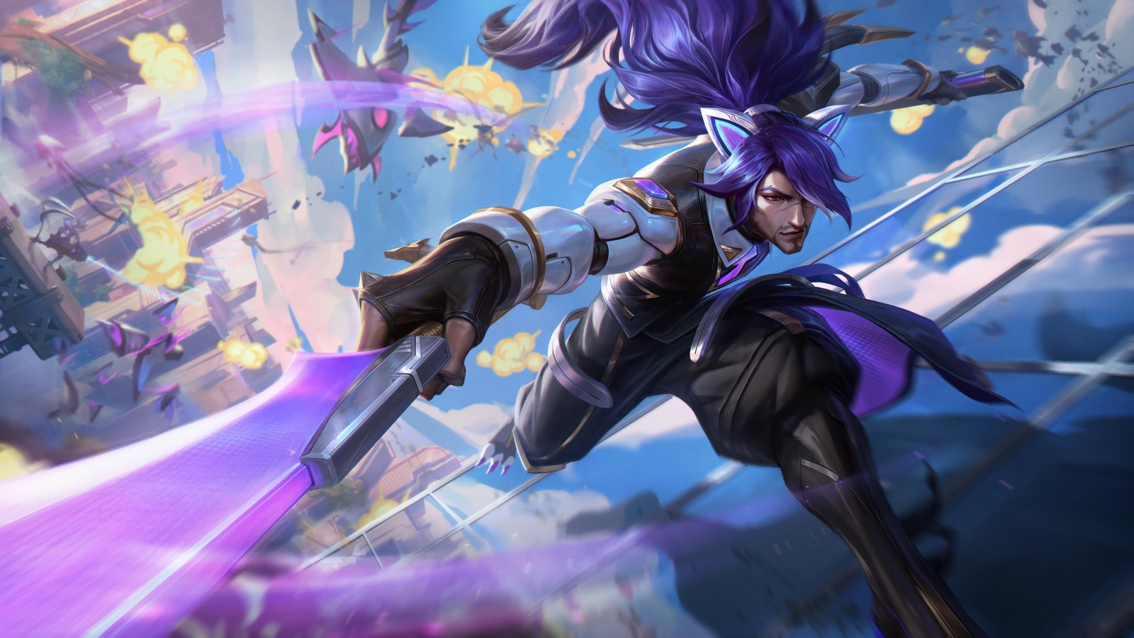 A woman with purple hair and purple hair holding a sword (battle wolf, yasuo, league of legends, video game, lol)