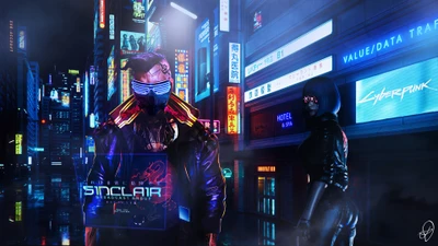 Paisagem urbana cyberpunk iluminada por néon com personagens futuristas