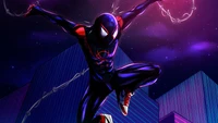 Miles Morales en action en tant que Spider-Man, sautant à travers un paysage urbain vibrant.