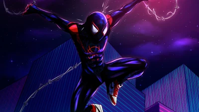 Miles Morales in action as Spider-Man, leaping through a vibrant urban landscape.