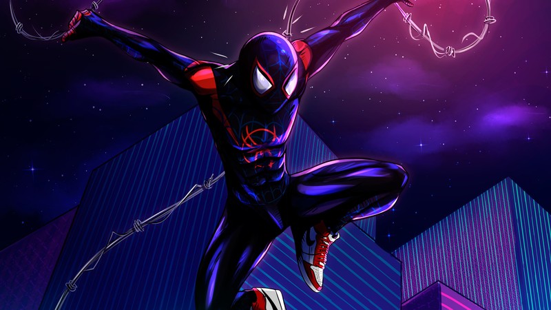 Человек-паук в черном костюме прыгает в воздухе (майлз моралес, miles morales, человек паук через вселенные, spider man into the spider verse, фильм)