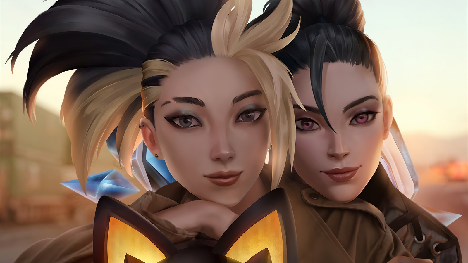 Two women with long hair and black hair are posing for a picture (kda, akali, kaisa, lol, video game)