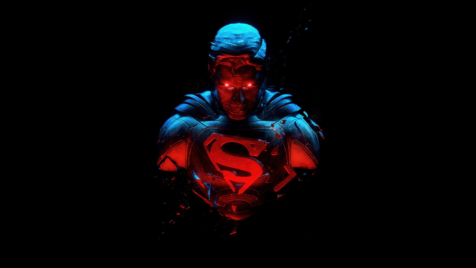 Un hombre con un traje de superhombre rojo y azul de pie en la oscuridad (superman, amoled, hombre de acero, fondo negro, dc comics)