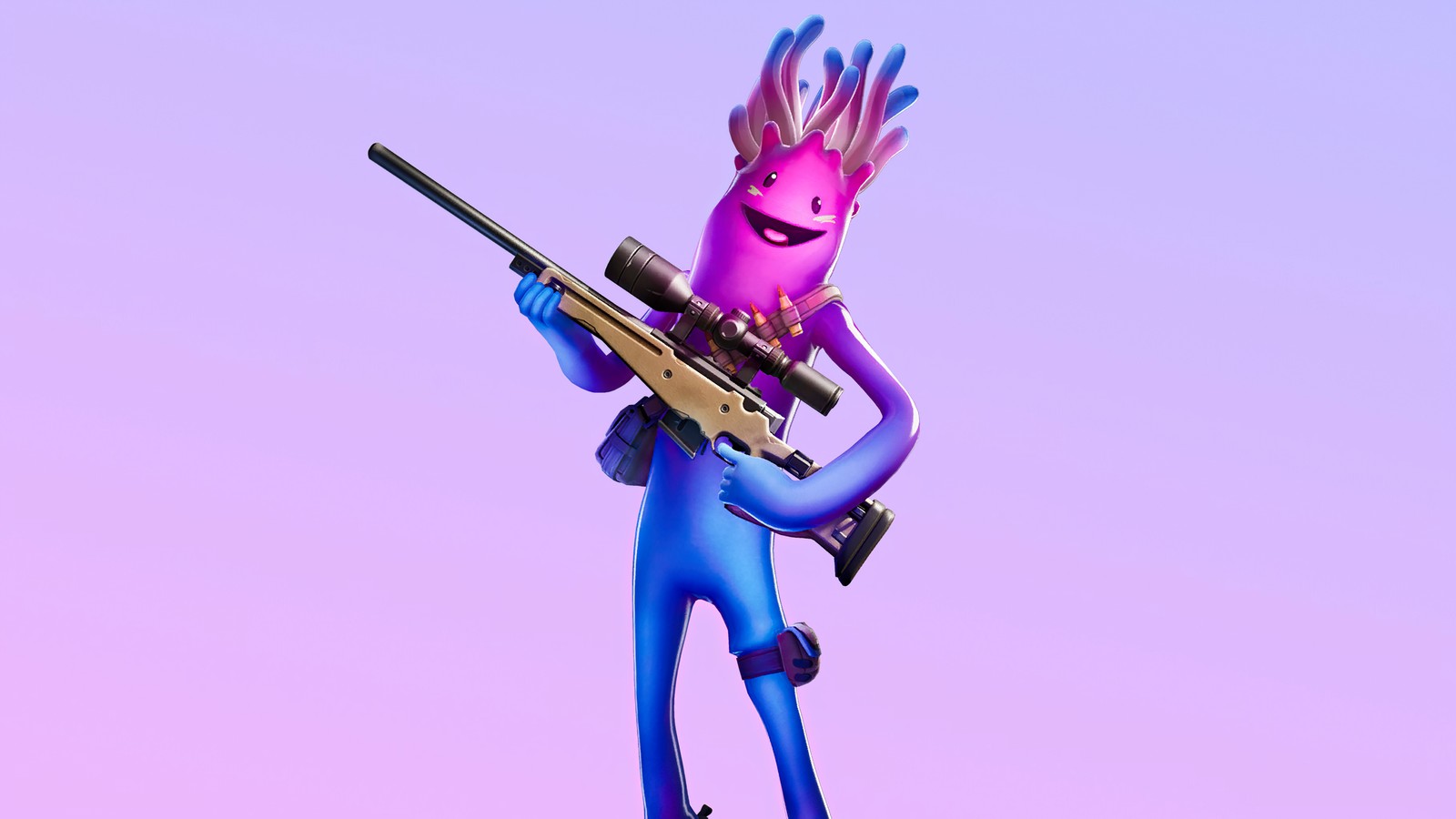 A close up of a toy with a gun on a pink background (jellie, fortnite, fortnite battle royale, video game, skin)