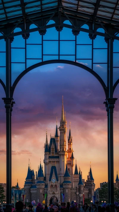 Cinderella Schloss bei Dämmerung: Ein majestätisches Wahrzeichen, umrahmt von gewölbtem Glas.