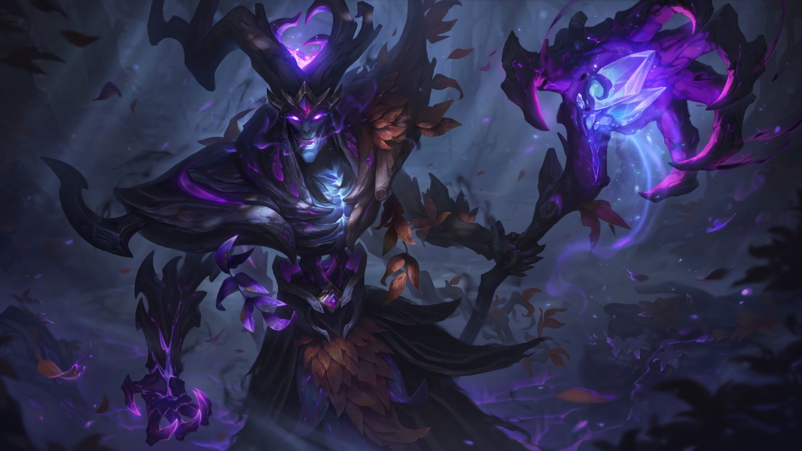 Un homme en tenue violette et noire tenant une lumière violette (bois ancien, karthus, peau, league of legends, jeu vidéo)