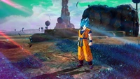 Goku en forma de Super Saiyan Azul en un paisaje de videojuego de Dragon Ball