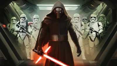 Kylo Ren con stormtroopers en un pasillo oscuro de una nave estelar