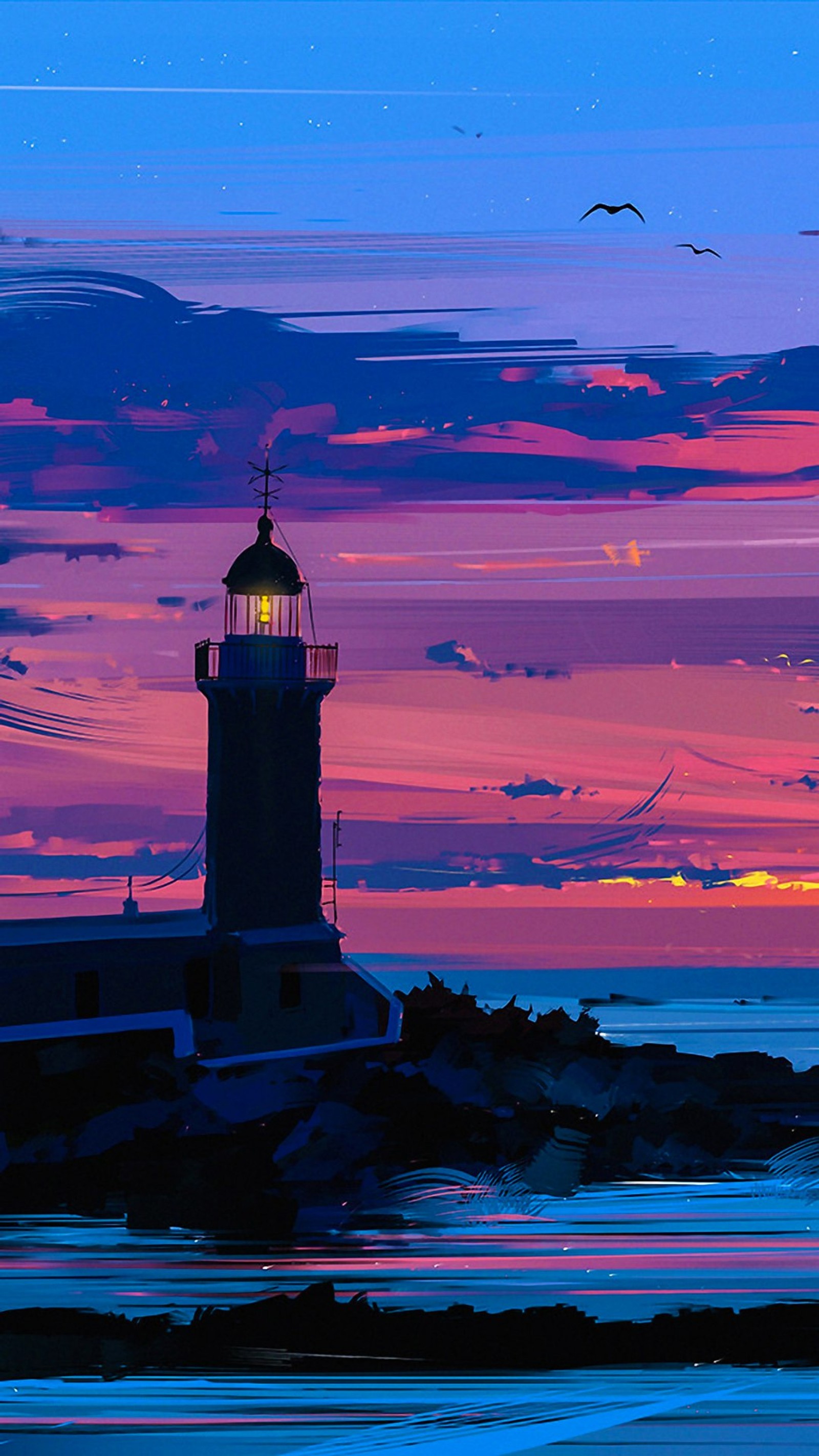 Ciel coloré avec un phare et des oiseaux volant au loin (phare, paysage, nature, nuage, atmosphère)